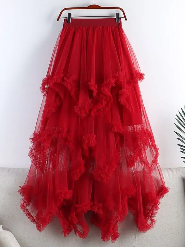 LANMREM Irregular Gauze Cake Skirts With Fungus Edge Women High Waist Solid Color Party Clothing 2025 Summer Autumn New 2DA9142