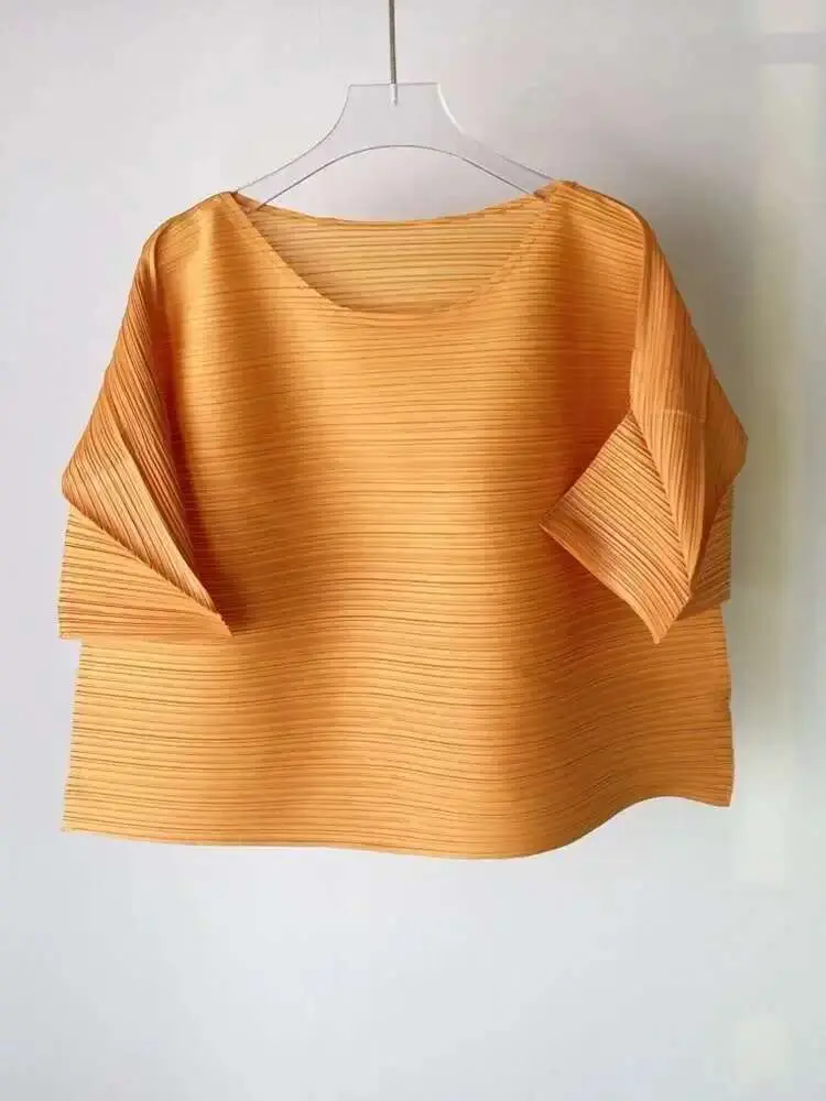 LANMREM Pleated T-shirt For Women O-neck Flare Sleeves Solid Color Casual Tops Versatile 2024 Summer New Clothing 2Z1253