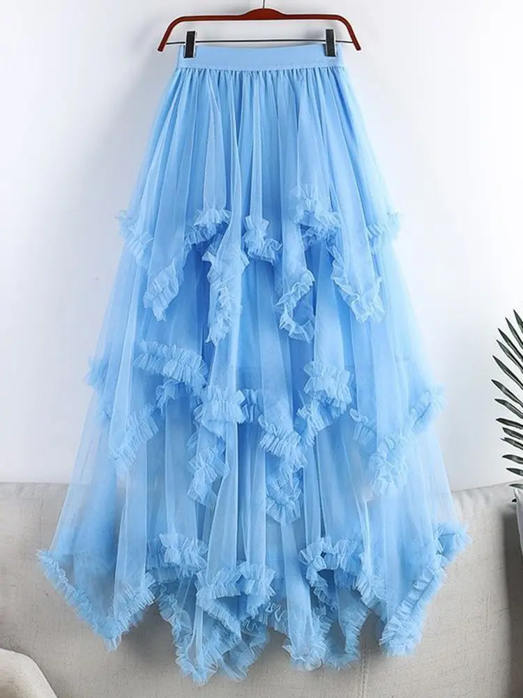 LANMREM Irregular Gauze Cake Skirts With Fungus Edge Women High Waist Solid Color Party Clothing 2025 Summer Autumn New 2DA9142