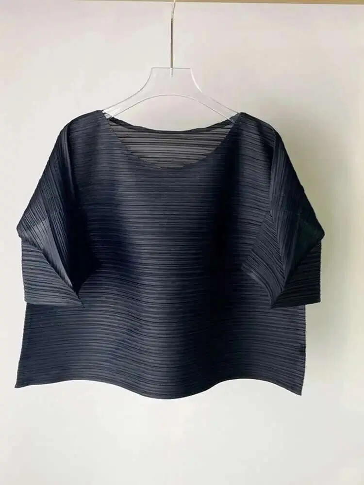 LANMREM Pleated T-shirt For Women O-neck Flare Sleeves Solid Color Casual Tops Versatile 2024 Summer New Clothing 2Z1253