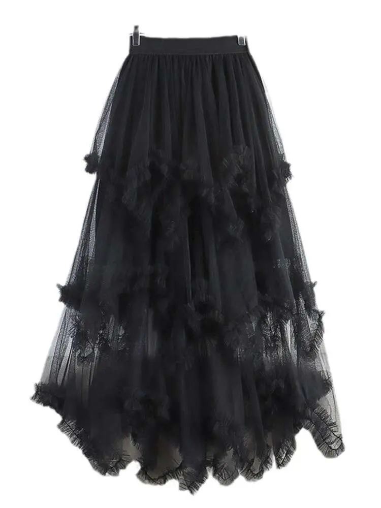 LANMREM Irregular Gauze Cake Skirts With Fungus Edge Women High Waist Solid Color Party Clothing 2025 Summer Autumn New 2DA9142