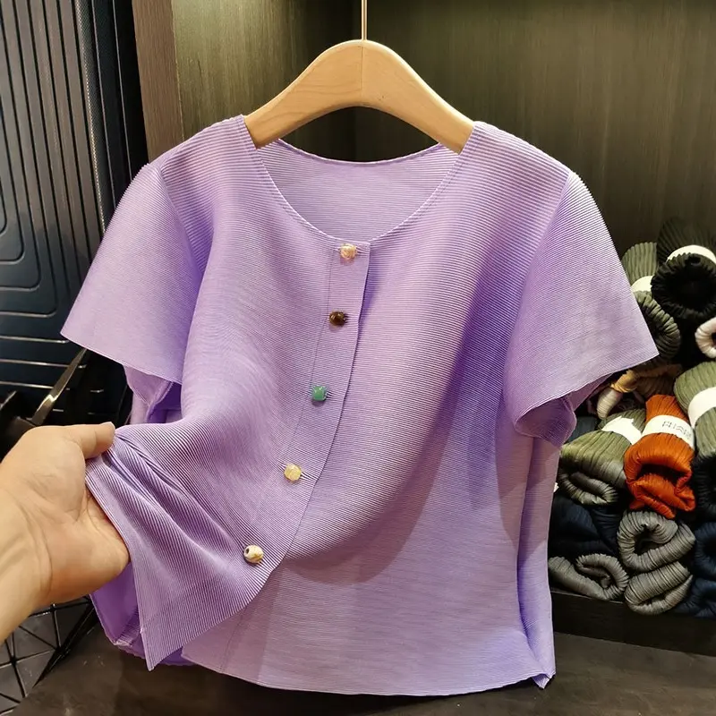 LANMREM Purple Simple Pleated Short Top Women's Short Sleeved Round Collar Jacket Korean Trendy High-end Single Breasted Clothes