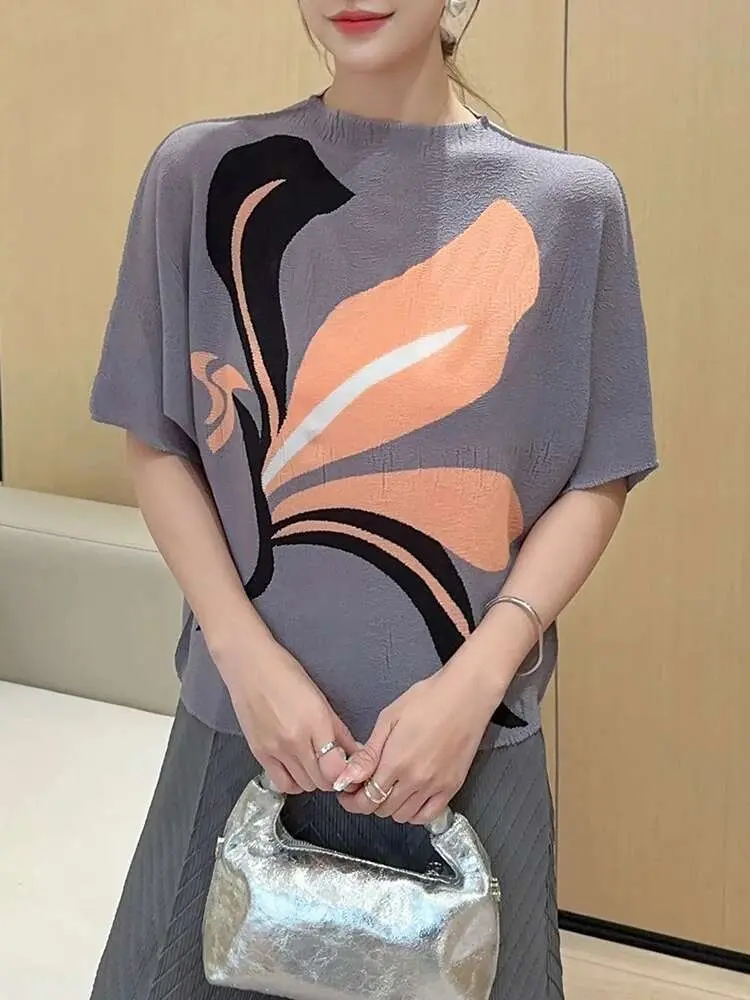 LANMREM Pleated Printed Top Women's Summer New Fashionable Loose Round Neck Pullover Loose Casual Bat Sleeve T-shirt 2DB2846