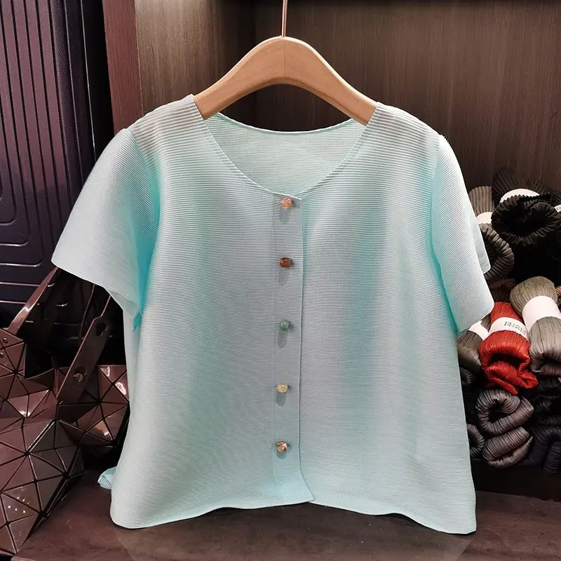 LANMREM Purple Simple Pleated Short Top Women's Short Sleeved Round Collar Jacket Korean Trendy High-end Single Breasted Clothes