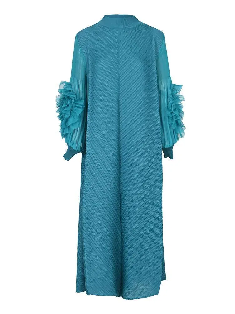 LANMREM Maxi Pleated Dress Round Neck Spliced Fungus Full Sleeve Dresses For Women 2025 New Spring Clothing 2Qa1331