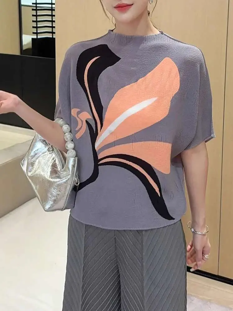 LANMREM Pleated Printed Top Women's Summer New Fashionable Loose Round Neck Pullover Loose Casual Bat Sleeve T-shirt 2DB2846