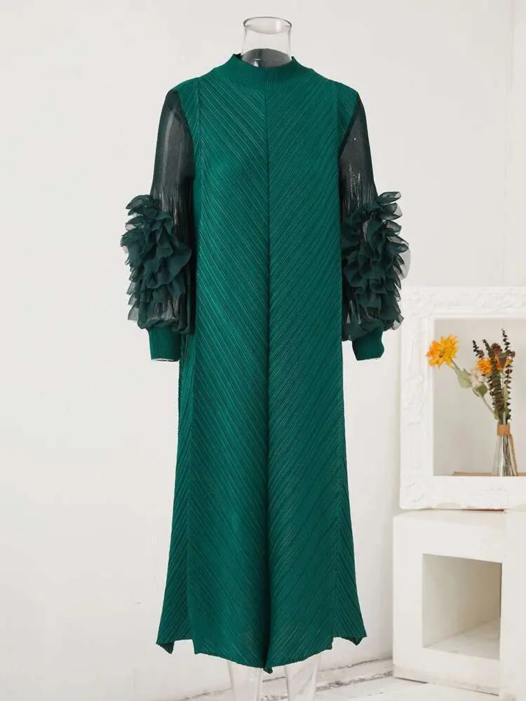 LANMREM Maxi Pleated Dress Round Neck Spliced Fungus Full Sleeve Dresses For Women 2025 New Spring Clothing 2Qa1331