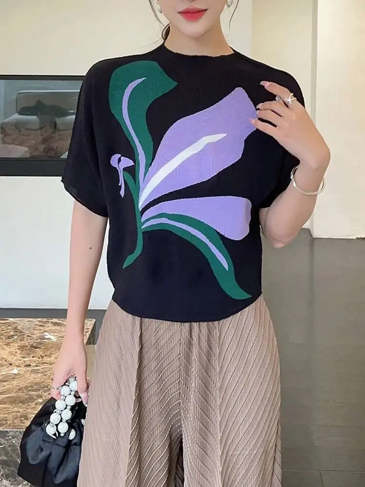 LANMREM Pleated Printed Top Women's Summer New Fashionable Loose Round Neck Pullover Loose Casual Bat Sleeve T-shirt 2DB2846