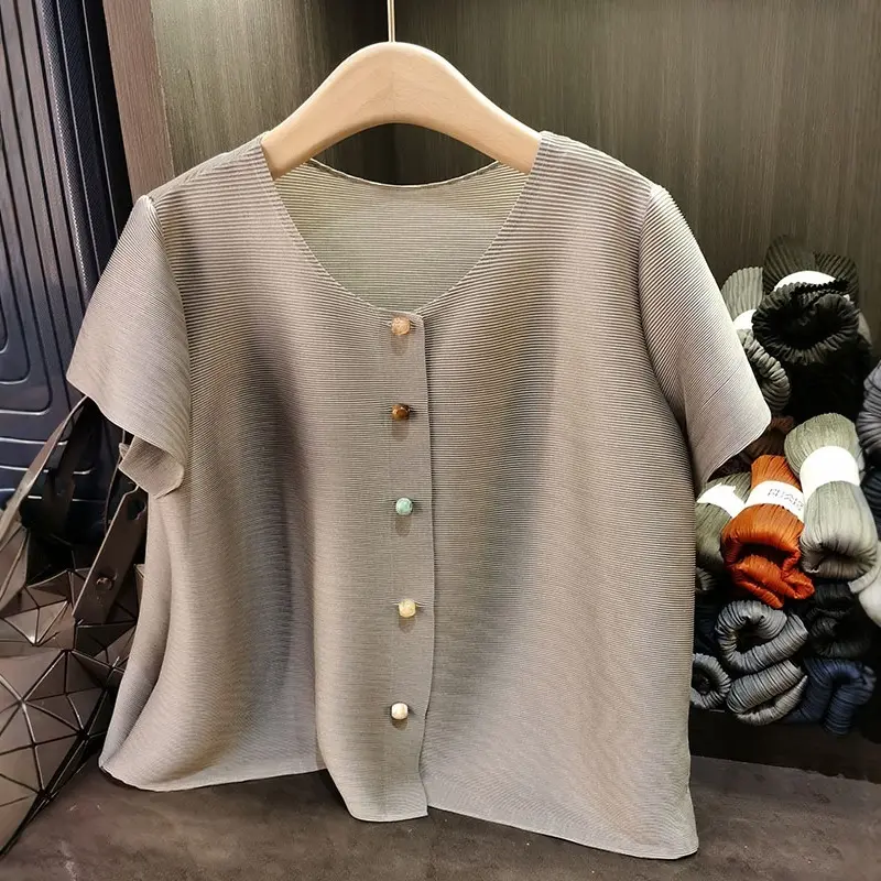 LANMREM Purple Simple Pleated Short Top Women's Short Sleeved Round Collar Jacket Korean Trendy High-end Single Breasted Clothes
