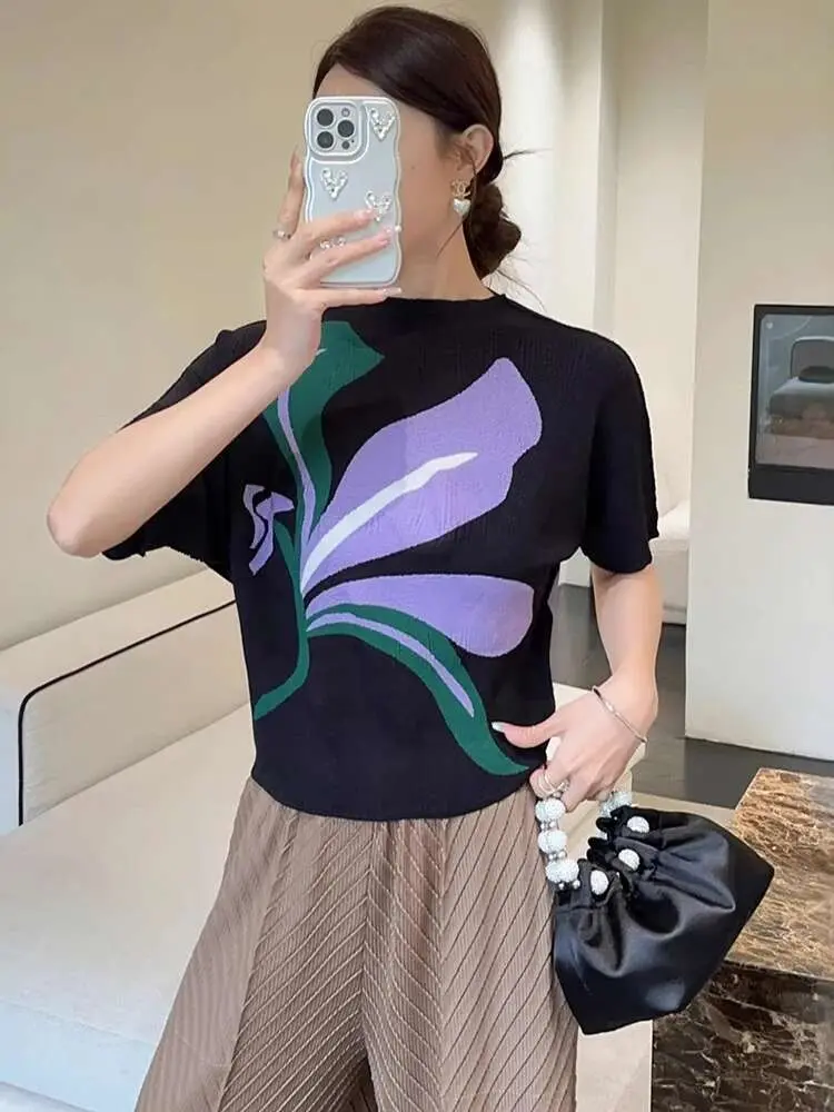 LANMREM Pleated Printed Top Women's Summer New Fashionable Loose Round Neck Pullover Loose Casual Bat Sleeve T-shirt 2DB2846