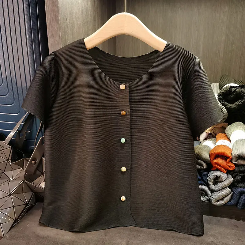 LANMREM Purple Simple Pleated Short Top Women's Short Sleeved Round Collar Jacket Korean Trendy High-end Single Breasted Clothes