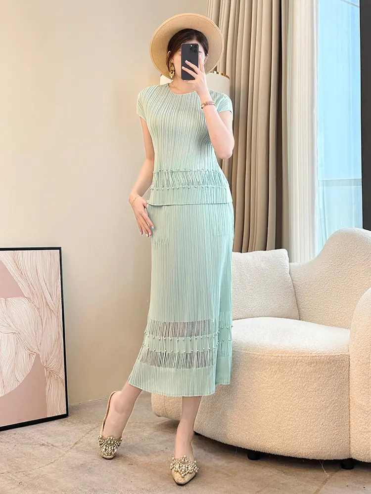 LANMREM Semitransparent Spliced Hem Design Summer Women's Two Pieces Set Short Sleeve Casual T-shirt And Straight Skirt 2DB2979