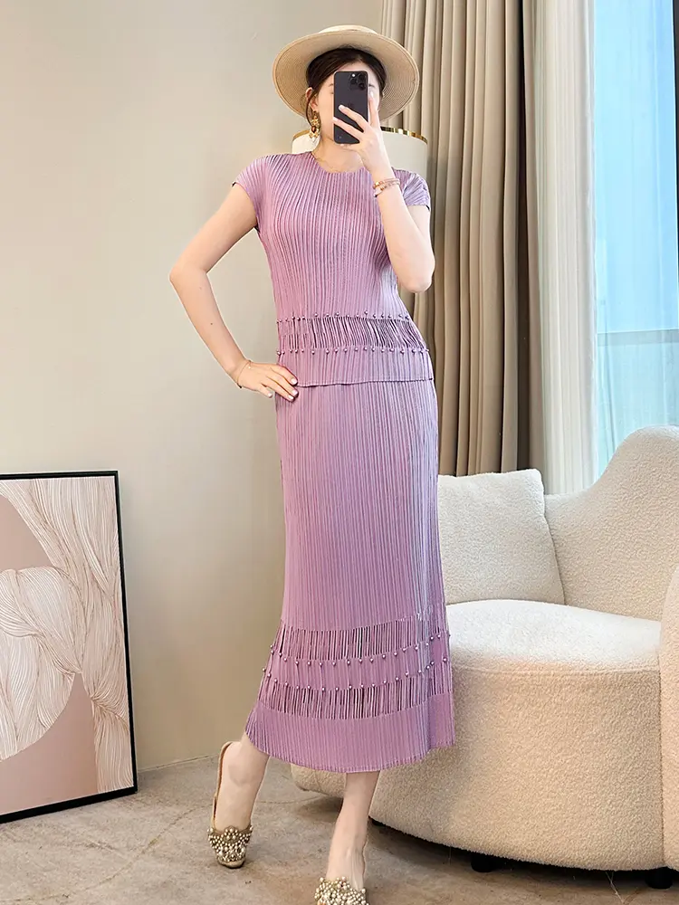 LANMREM Semitransparent Spliced Hem Design Summer Women's Two Pieces Set Short Sleeve Casual T-shirt And Straight Skirt 2DB2979