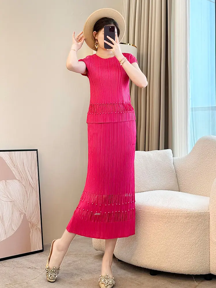 LANMREM Semitransparent Spliced Hem Design Summer Women's Two Pieces Set Short Sleeve Casual T-shirt And Straight Skirt 2DB2979