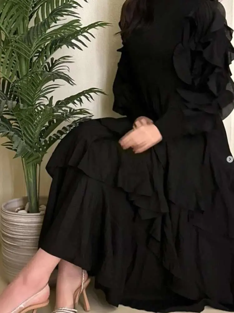 LANMREM Ruffles Pleated Dress Women Long Sleeves Fashion Solid Color High Waist Stitching Dresses Party Clothing New 2DA1713