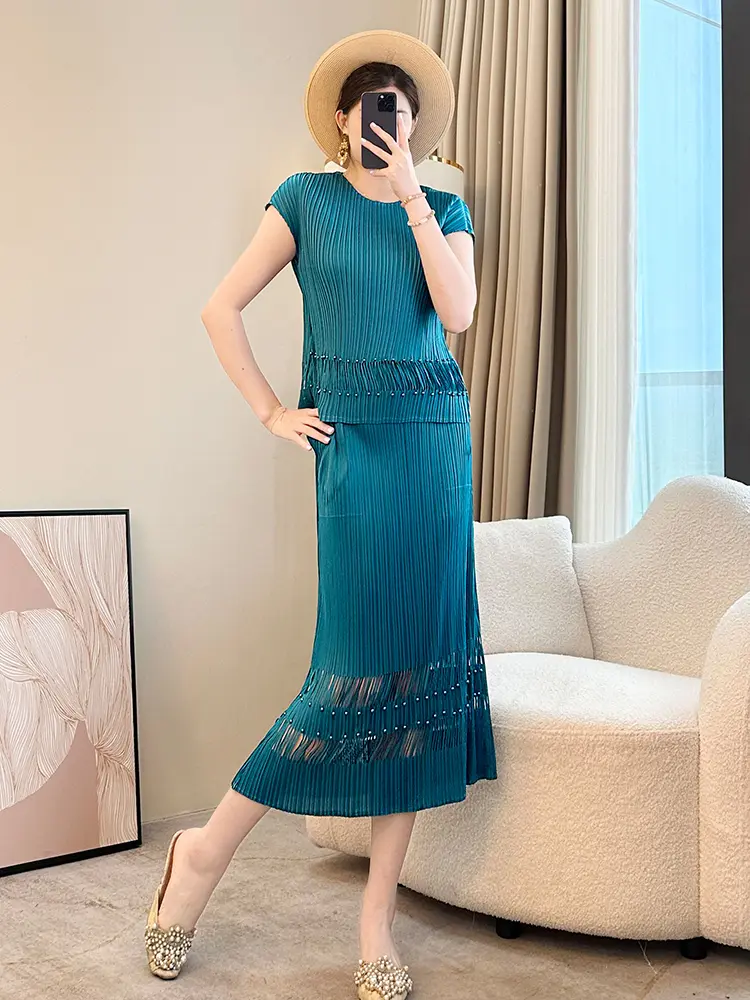 LANMREM Semitransparent Spliced Hem Design Summer Women's Two Pieces Set Short Sleeve Casual T-shirt And Straight Skirt 2DB2979