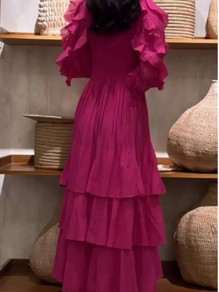 LANMREM Ruffles Pleated Dress Women Long Sleeves Fashion Solid Color High Waist Stitching Dresses Party Clothing New 2DA1713