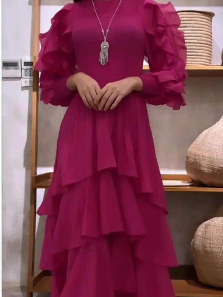 LANMREM Ruffles Pleated Dress Women Long Sleeves Fashion Solid Color High Waist Stitching Dresses Party Clothing New 2DA1713