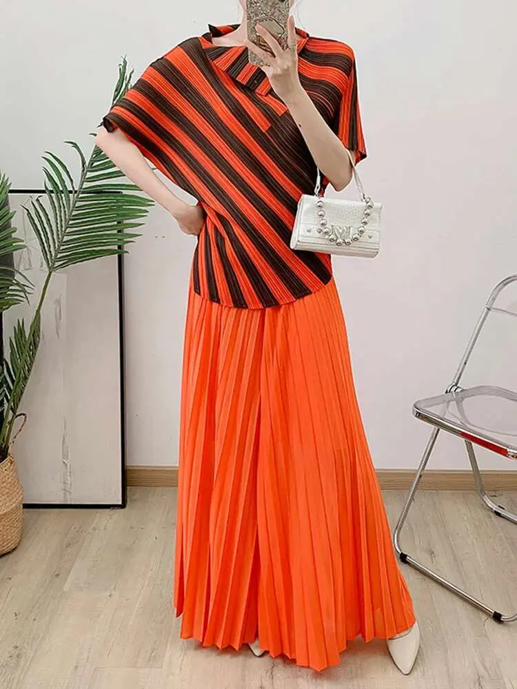 LANMREM 2 Pieces Sets Women Striped Short Sleeves Irregular Shirt Wide Leg Pants Female Elegant Clothing 2025 Spring New 2DB1516