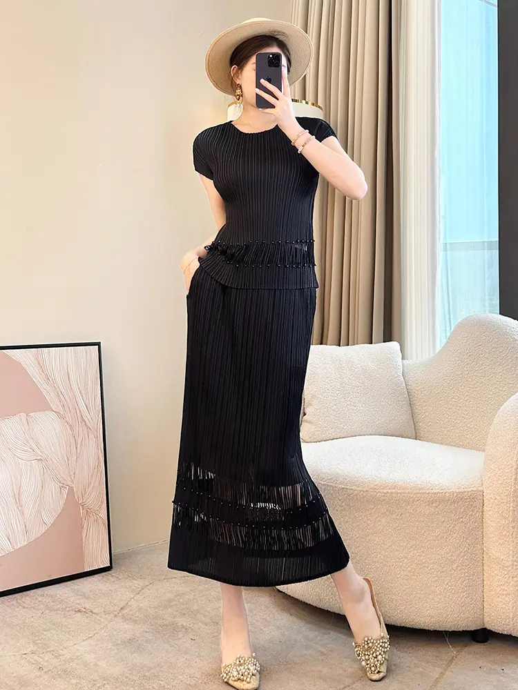 LANMREM Semitransparent Spliced Hem Design Summer Women's Two Pieces Set Short Sleeve Casual T-shirt And Straight Skirt 2DB2979