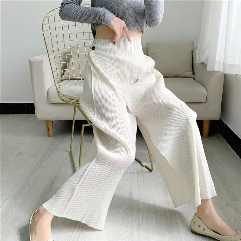LANMREM Summer New Pleated Straight Skirt Pants Asymmetric Loose Elastic Slimming Casual Patchwork Design Trousers Chic 2DB3899