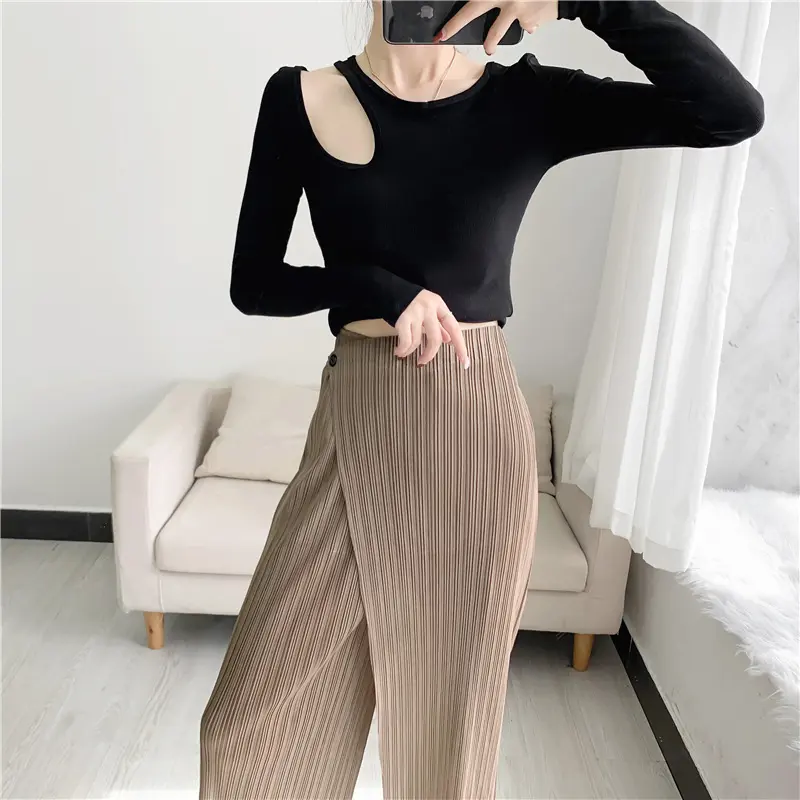 LANMREM Summer New Pleated Straight Skirt Pants Asymmetric Loose Elastic Slimming Casual Patchwork Design Trousers Chic 2DB3899