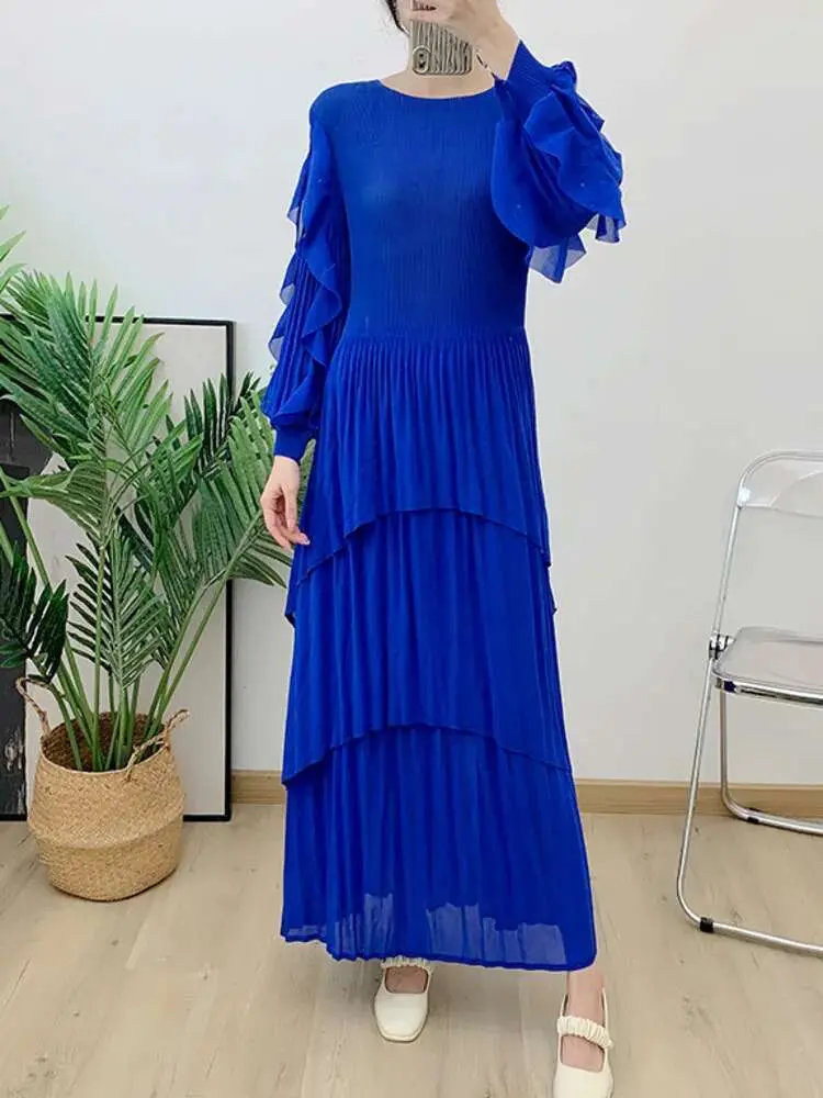LANMREM Ruffles Pleated Dress Women Long Sleeves Fashion Solid Color High Waist Stitching Dresses Party Clothing New 2DA1713