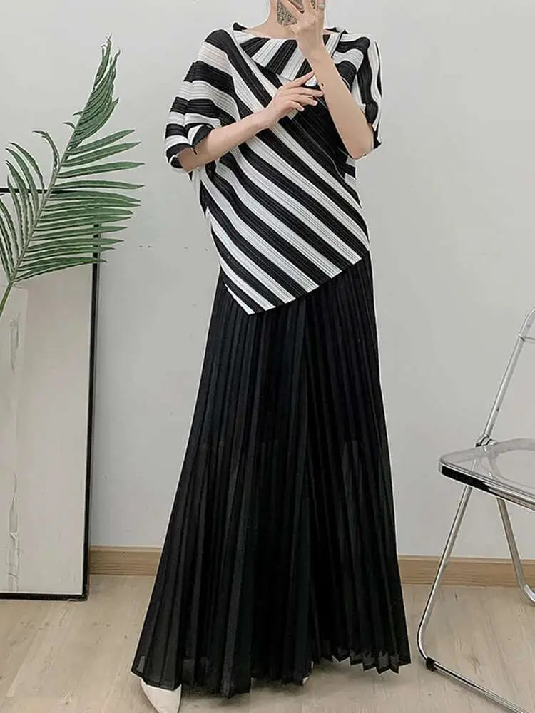 LANMREM 2 Pieces Sets Women Striped Short Sleeves Irregular Shirt Wide Leg Pants Female Elegant Clothing 2025 Spring New 2DB1516