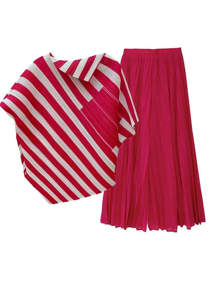 LANMREM 2 Pieces Sets Women Striped Short Sleeves Irregular Shirt Wide Leg Pants Female Elegant Clothing 2025 Spring New 2DB1516