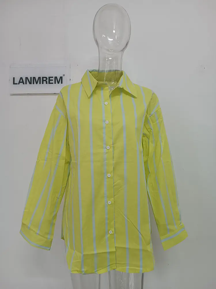LANMREM Women's Spring New Striped Long Sleeve Shirt Thin Bottom Temperament Fit Fashion Tide 2025 New Arrival 2K2240