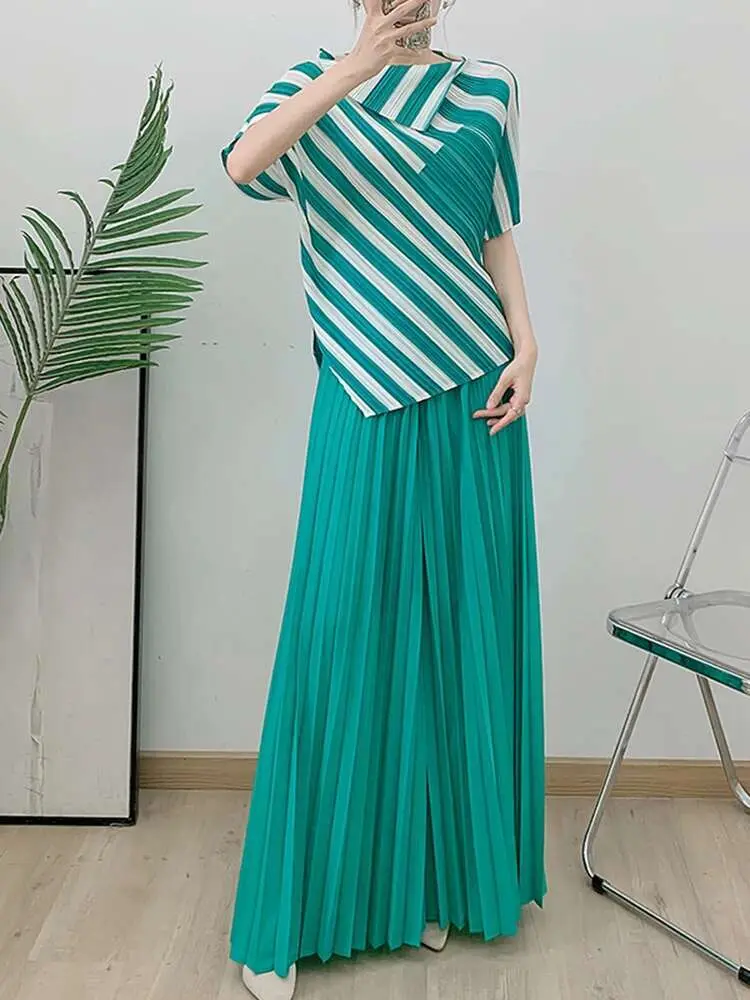 LANMREM 2 Pieces Sets Women Striped Short Sleeves Irregular Shirt Wide Leg Pants Female Elegant Clothing 2025 Spring New 2DB1516