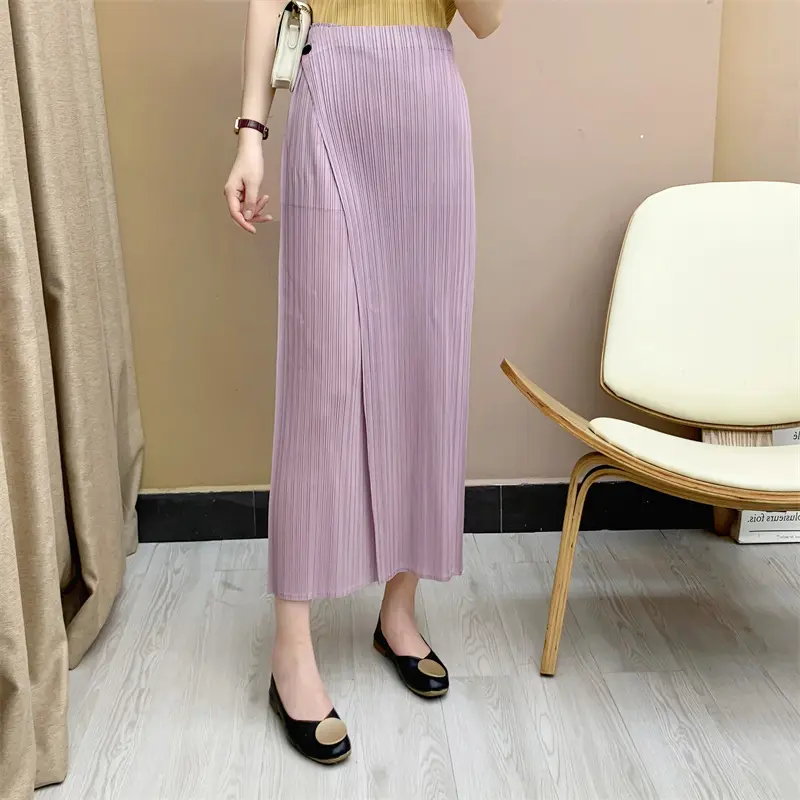 LANMREM Summer New Pleated Straight Skirt Pants Asymmetric Loose Elastic Slimming Casual Patchwork Design Trousers Chic 2DB3899