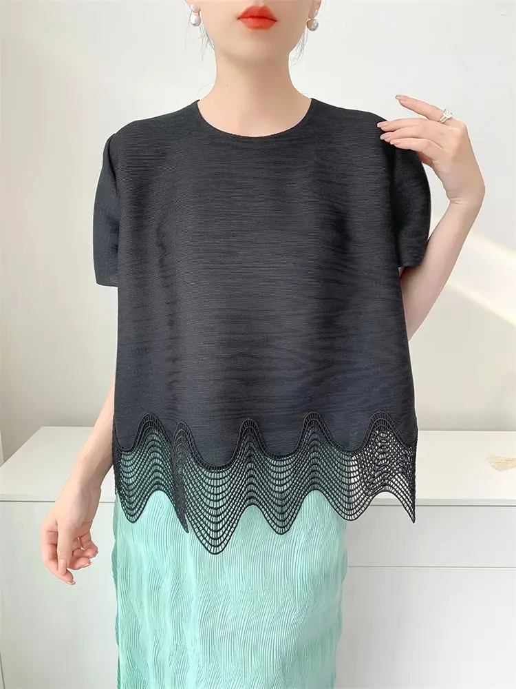 LANMREM Black High-end Patchwork Lace Summer Pleated Top For Women Chic Casual Loose Short Sleeve T-shirt Round Neck Tee 2DB3360