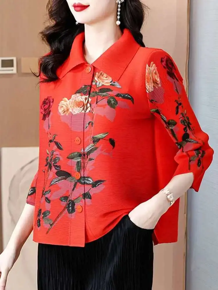 LANMREM Flower Printed Shirt Women Lapel Single Breasted Three Quarter Sleeves Pleated Shirts Female New Fashion Clothes 2DC1537