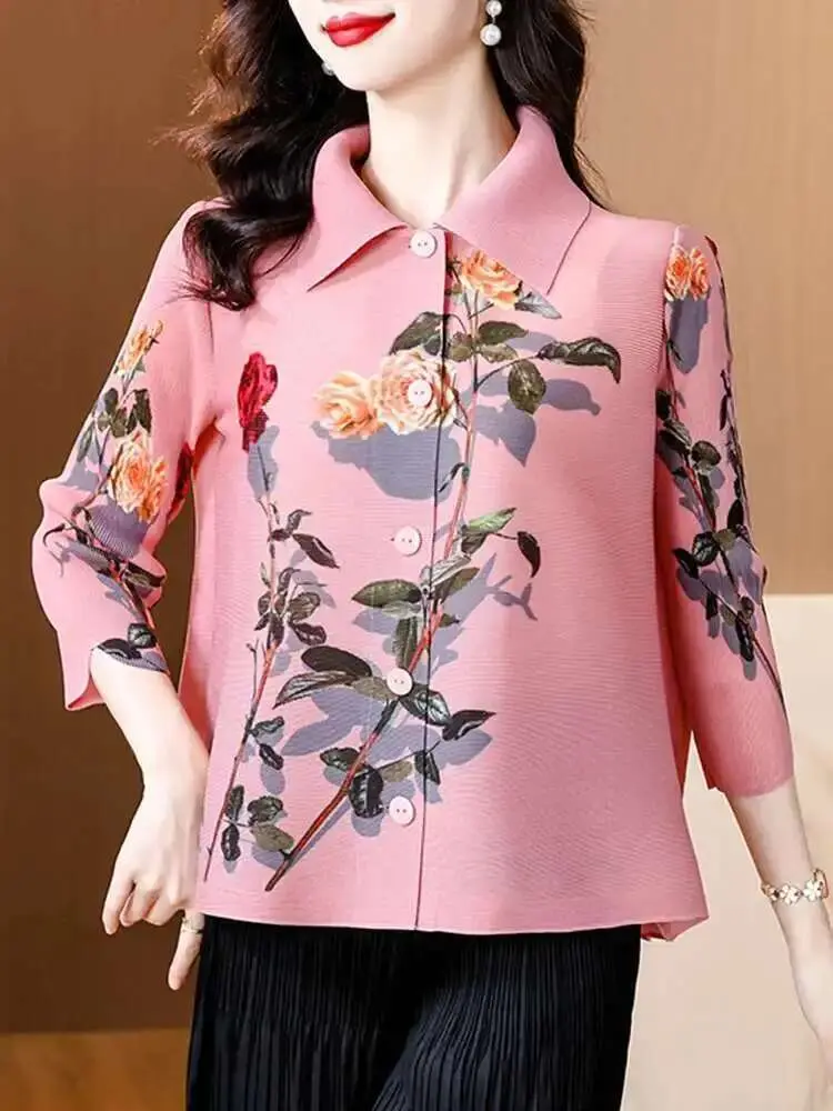 LANMREM Flower Printed Shirt Women Lapel Single Breasted Three Quarter Sleeves Pleated Shirts Female New Fashion Clothes 2DC1537