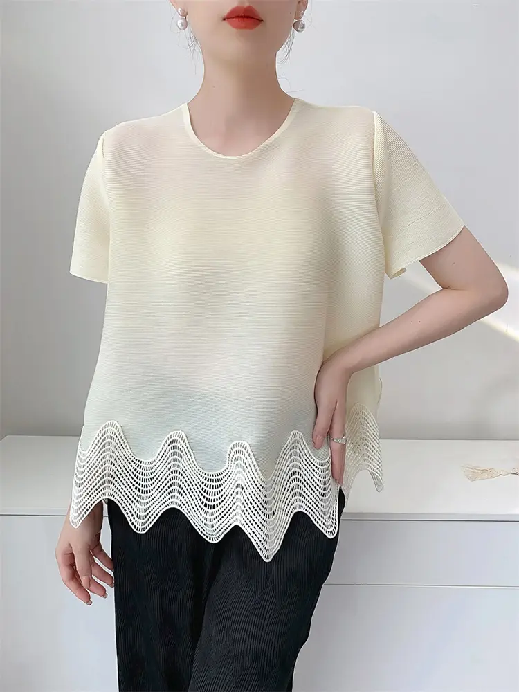 LANMREM Black High-end Patchwork Lace Summer Pleated Top For Women Chic Casual Loose Short Sleeve T-shirt Round Neck Tee 2DB3360