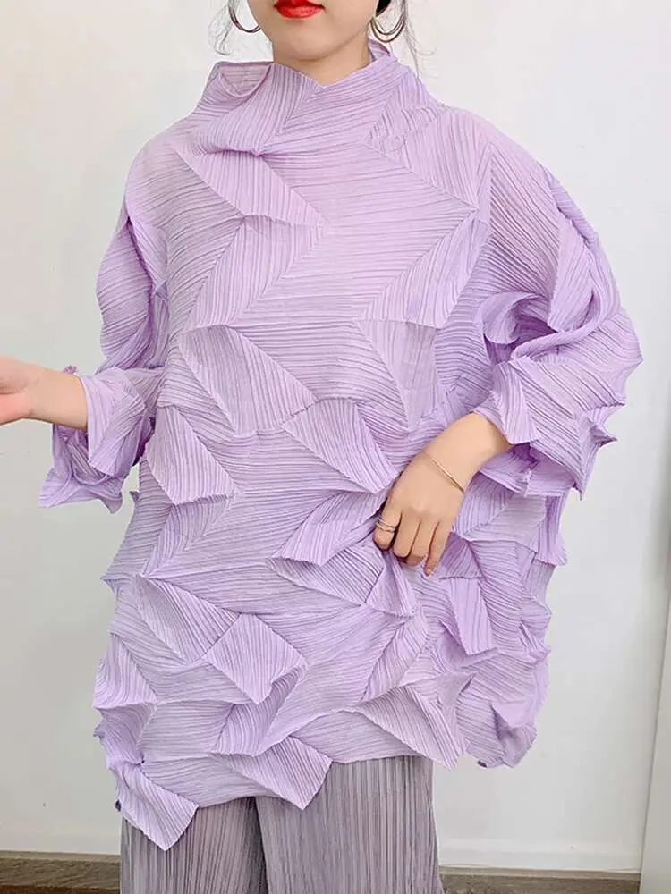 LANMREM Diamond Pleated T-shirt For Women Turtleneck Long Sleeves Loose Tops Elegant Female Clothing 2025 Summer New 2YA652