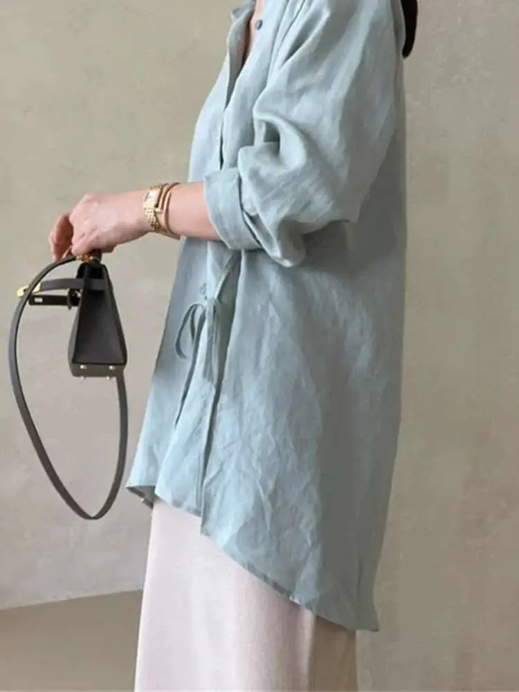 LANMREM 2025 New Cotton Linen Shirt Women's Summer Loose Long Sleeved Slit Top Sunscreen Clothing Lace Up Top Trendy 2DB3176