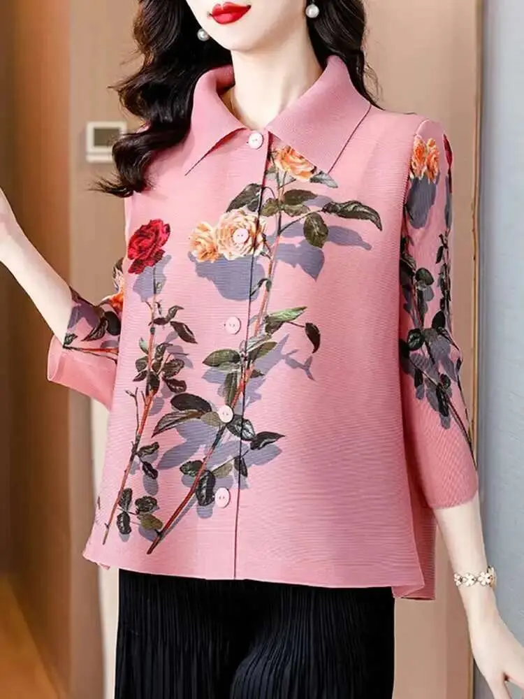 LANMREM Flower Printed Shirt Women Lapel Single Breasted Three Quarter Sleeves Pleated Shirts Female New Fashion Clothes 2DC1537