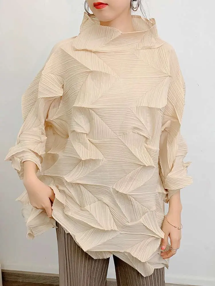LANMREM Diamond Pleated T-shirt For Women Turtleneck Long Sleeves Loose Tops Elegant Female Clothing 2025 Summer New 2YA652