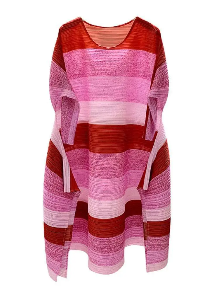 LANMREM Striped Pleated Loose Dress For Women 2025 Spring Round Neck Color Block Casual Dresses Female Fashion Clothes 2R1790