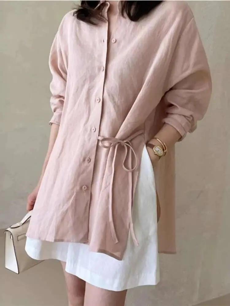 LANMREM 2025 New Cotton Linen Shirt Women's Summer Loose Long Sleeved Slit Top Sunscreen Clothing Lace Up Top Trendy 2DB3176