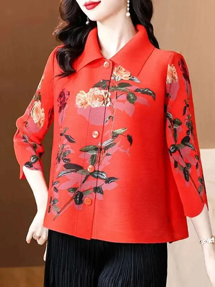 LANMREM Flower Printed Shirt Women Lapel Single Breasted Three Quarter Sleeves Pleated Shirts Female New Fashion Clothes 2DC1537