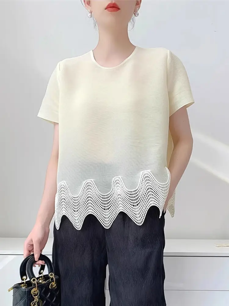 LANMREM Black High-end Patchwork Lace Summer Pleated Top For Women Chic Casual Loose Short Sleeve T-shirt Round Neck Tee 2DB3360