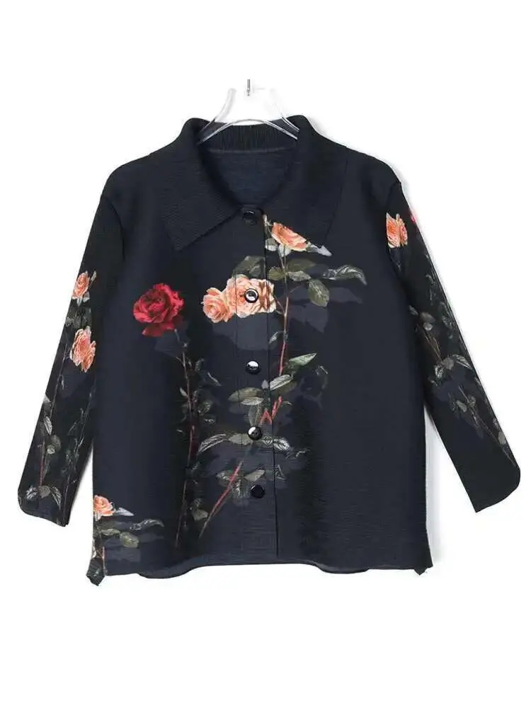 LANMREM Flower Printed Shirt Women Lapel Single Breasted Three Quarter Sleeves Pleated Shirts Female New Fashion Clothes 2DC1537
