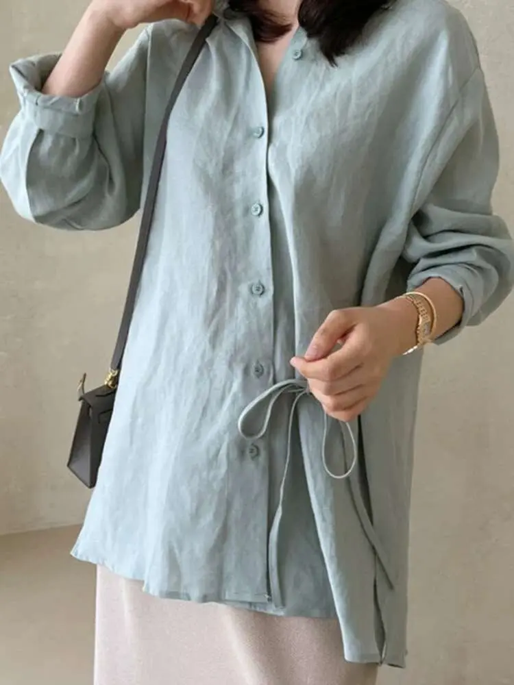 LANMREM 2025 New Cotton Linen Shirt Women's Summer Loose Long Sleeved Slit Top Sunscreen Clothing Lace Up Top Trendy 2DB3176