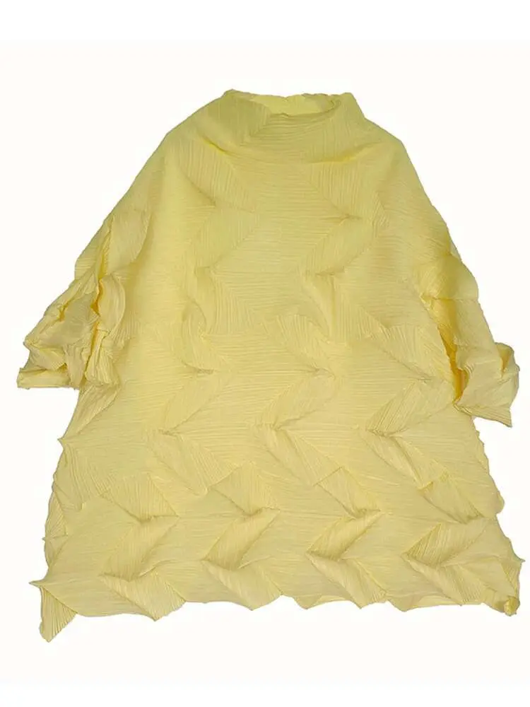 LANMREM Diamond Pleated T-shirt For Women Turtleneck Long Sleeves Loose Tops Elegant Female Clothing 2025 Summer New 2YA652