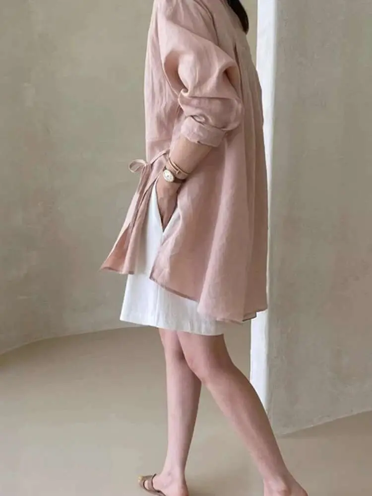 LANMREM 2025 New Cotton Linen Shirt Women's Summer Loose Long Sleeved Slit Top Sunscreen Clothing Lace Up Top Trendy 2DB3176