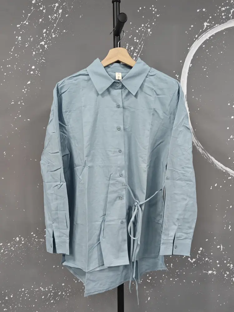 LANMREM 2025 New Cotton Linen Shirt Women's Summer Loose Long Sleeved Slit Top Sunscreen Clothing Lace Up Top Trendy 2DB3176
