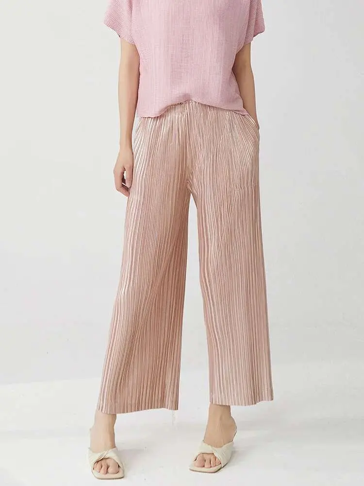 LANMREM Women's Pleated Casual Ankle-length Pants Slimming Elastic Waist Loose Straight Trousers 2025 New Summer Bottoms 2DB2611